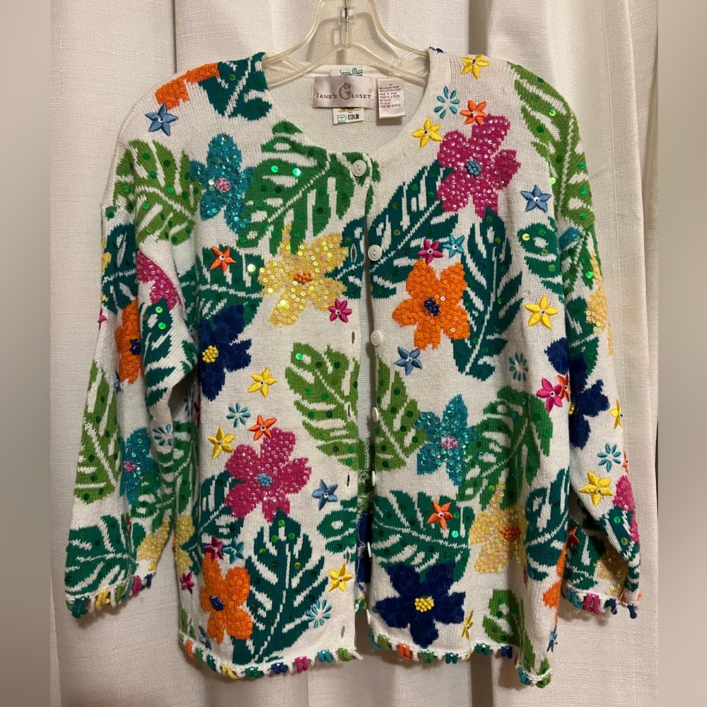 White Floral Sequin Cardigan Sweater